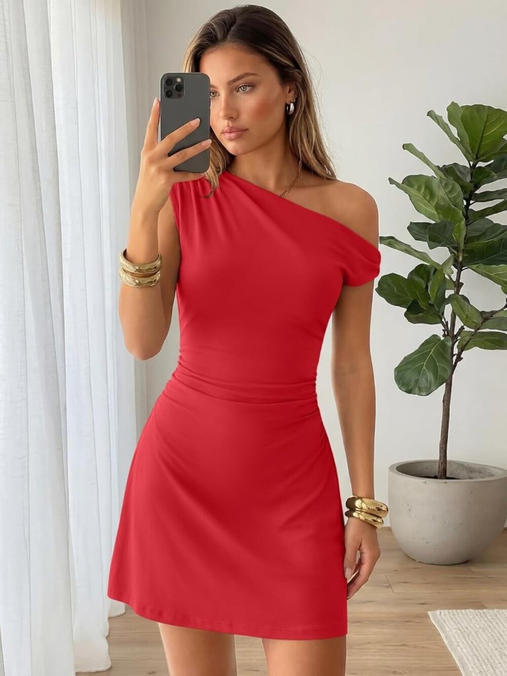 〽️Women's Red Off The Shoulder Summer Going Out Bodycon Pull On Mini Dress